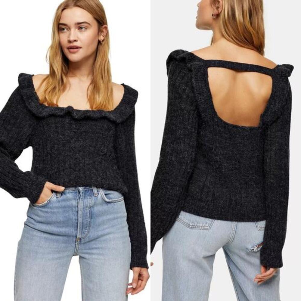 Topshop Ruffle Back Cutout Flutter Boat Neck Sweater MED